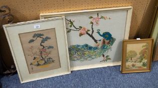 ORIENTAL PAINTING ON FABRIC Flowers in a bowl AND TWO NEEDLEWORK PICTURES Cottage garden Peacock, (