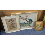 ORIENTAL PAINTING ON FABRIC Flowers in a bowl AND TWO NEEDLEWORK PICTURES Cottage garden Peacock, (