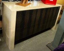 A SIDEBOARD, WITH FAUX-MARBLE TOP AND SIDES, HAVING THREE CROCODILE SKIN EFFECT COVERED DOORS (152cm