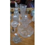 A SELECTION OF LEAD CRYSTAL TO INCLUDE; BOWL, THREE DECANTERS, CONDIMENT SET (A.F.), VASES ETC.....