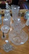 A SELECTION OF LEAD CRYSTAL TO INCLUDE; BOWL, THREE DECANTERS, CONDIMENT SET (A.F.), VASES ETC.....