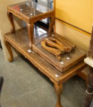 A KASHMIRI CARVED COFFEE TABLE SUITE OF TWO SMALL AND ONE LONG COFFEE TABLE (ONE A.F.)