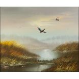 KARLSSON (TWENTIETH CENTURY) OIL ON CANVAS Ducks in flight over water Signed 19 ½” x 24” (49.5cm x