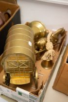 TWENTIETH CENTURY BRASS MODEL OF A ROMANY PEG WAGON OR ROMANY CARAVAN, PLUS SHIPS BELL, SMALLER BELL