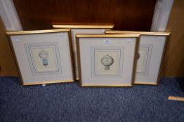 FOUR PRINTS OF BALLOONS PRINTED BY GRAFINCHE TASSOTTI MONTGOLFIERE, CHARLIERE ETC... 12cm x 17cm (4)