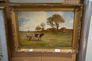 W. GREASLEY (NINETEENTH/TWENTIETH CENTURY) OIL ON CANVAS PASTORAL SCENE WITH GRAZING CATTLE