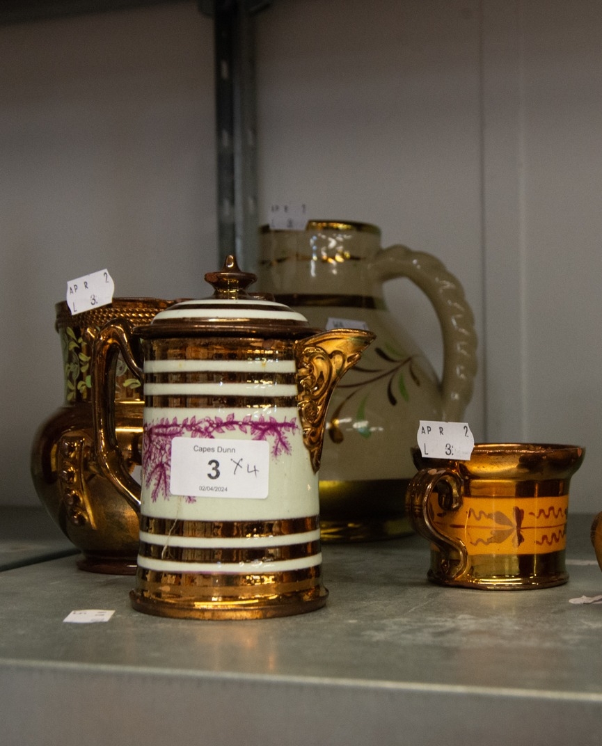 FOUR COPPER LUSTRE VESSELS TO INCLUDE; TWO JUGS, SMALL TEAPOT AND A MUG (4)