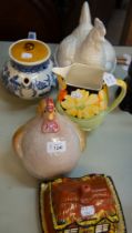 GRAY'S POTTERY ART DECO JUG, HAND PAINTED WITH LARGE FLOWERS; POTTERY COMIC HEN ORNAMENT; (4)