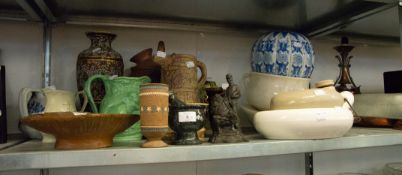 MIXED CERAMICS TO INCLUDE; DOULTON SECCESSIONIST VASE, ALLISONS COOPERED EWER, WEDGWOOD, PLUS BED