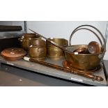 A COLLECTION OF COPPER PANS, SKILLETS, MEASURES, COAL BUCKET ETC.....
