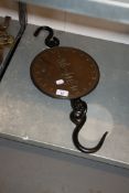 A SET OF SALTERS BRASS AND CAST IRON HANGING WEIGHING SCALES (UPTO 200LBS)