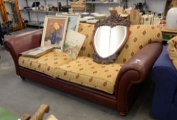 LARGE MAROON LEATHER AND EARTH COLOURED MEDALLION PATTERN FABRIC THREE SEATER SOFA (COMPLIES TO FIRE