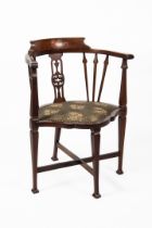 EDWARDIAN MAHOGANY CORNER ARMCHAIR, the top rail having Art Nouveau marquetry floral and scrolled