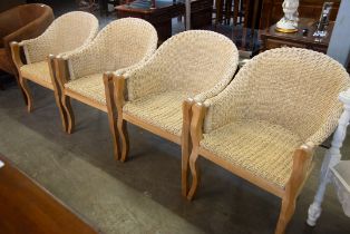 SET OF FOUR BEECH FRAME RATTAN CHAIRS , BY COACH HOUSE [4]