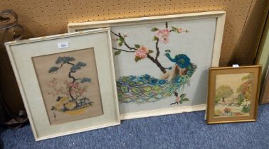 ORIENTAL PAINTING ON FABRIC Flowers in a bowl AND TWO NEEDLEWORK PICTURES Cottage garden Peacock, (