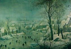 AFTER PIETER BRUEGHEL II COLOUR PRINT Winter Landscape with Ice Skaters and Bird Trap 20” x 28 ½” (