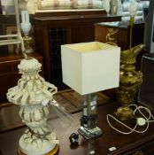 THREE STANDARD LAMPS, ONE BRASS URN SHAPED, ONE CERAMIC (A.F.) AND A SMALL MIRROR SIDED LAMP