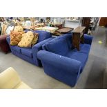 ROLL-ARM SOFA BED, IN BLUE FABRIC PLUS MATCHING TWO SEAT SOFA (2)