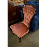 ANTIQUE MAHOGANY SPOON BUTTONED BACK NURSING CHAIR, COVERED IN PINK ON FANCY CABRIOLE FRONT SUPPORTS