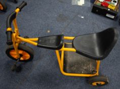 ROBO YELLOW ENAMELLED TUBULAR METAL TWO SEATER TRICYCLE, the pedals operating directly on the
