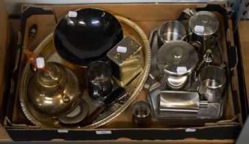 INDIAN BRASS TEA KETTLE; AND AN OVAL GALLERY TRAY, CLOCK, STAINLESS STEEL TEA SET ETC…..