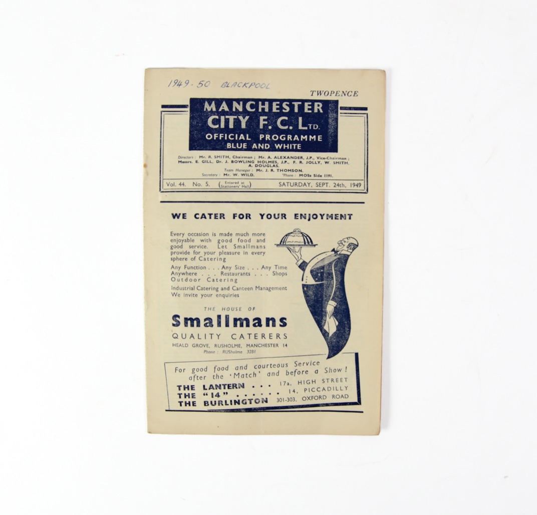 FOOTBALL PROGRAMME-MANCHESTER CITY v BLACKPOOL 1949/50, writing on front cover plus MANCHESTER
