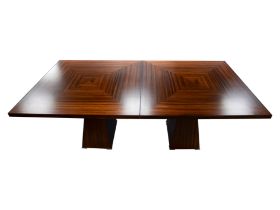 STYLISH MODERN TOLA WOOD EXTENDING DINING TABLE WITH ADDITIONAL LEAF AND SET OF EIGHT HIGH BACK