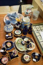 SELECTION OF POST-WAR DECORATIVE LIMOGES MINIATURE CHINA PIECES, MAINLY DARK BLUE AND GILT AND A