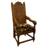 VICTORIAN CARVED OAK WAINSCOT ARMCHAIR, commissioned to commemorate Queen Victoria's Golden Jubilee,