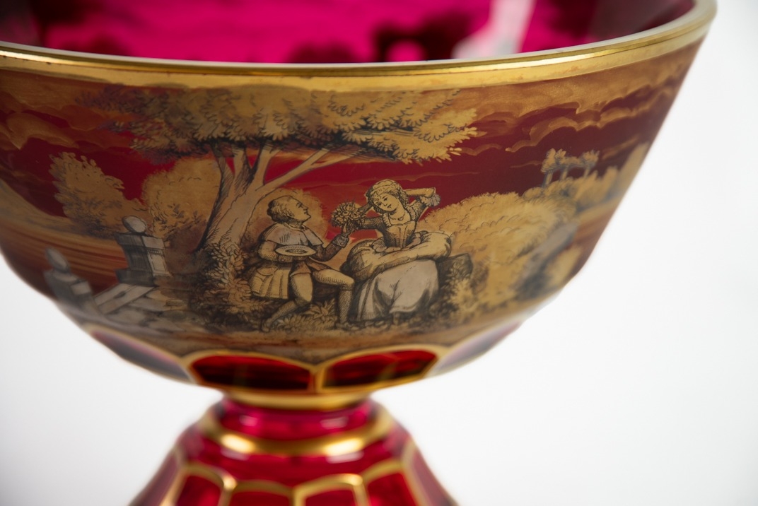 MODERN MURANO RUBY GLASS AND GILT BOWL, of footed form with thumb nail cut border to the base, - Image 2 of 2