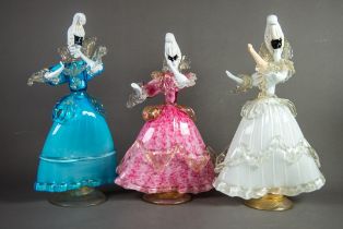 SET OF THREE MURANO COLOURED AND AVENTURINE GLASS MODELS OF DANCING FEMALE FIGURES, each modelled in