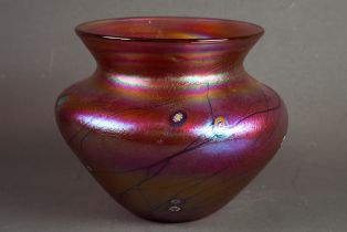 JOHN DITCHFIELD (GLASFORM) iridescent CANE inlaid and streaked PINK GLASS BOWL, signed and