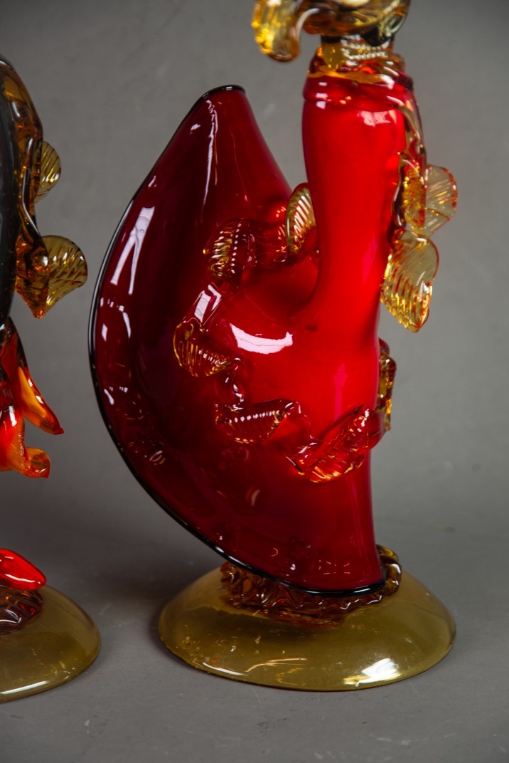 PAIR OF MURANO COLOURED AND AVENTURINE GLASS FIGURES OF SPANISH DANCERS, on domed amber bases, - Image 3 of 4