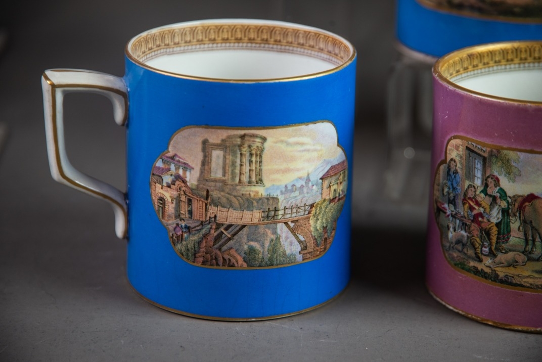 SIX NINETEENTH CENTURY PRATT & Co POTTERY MUGS, five printed with typical scenes on coloured ground, - Image 5 of 5