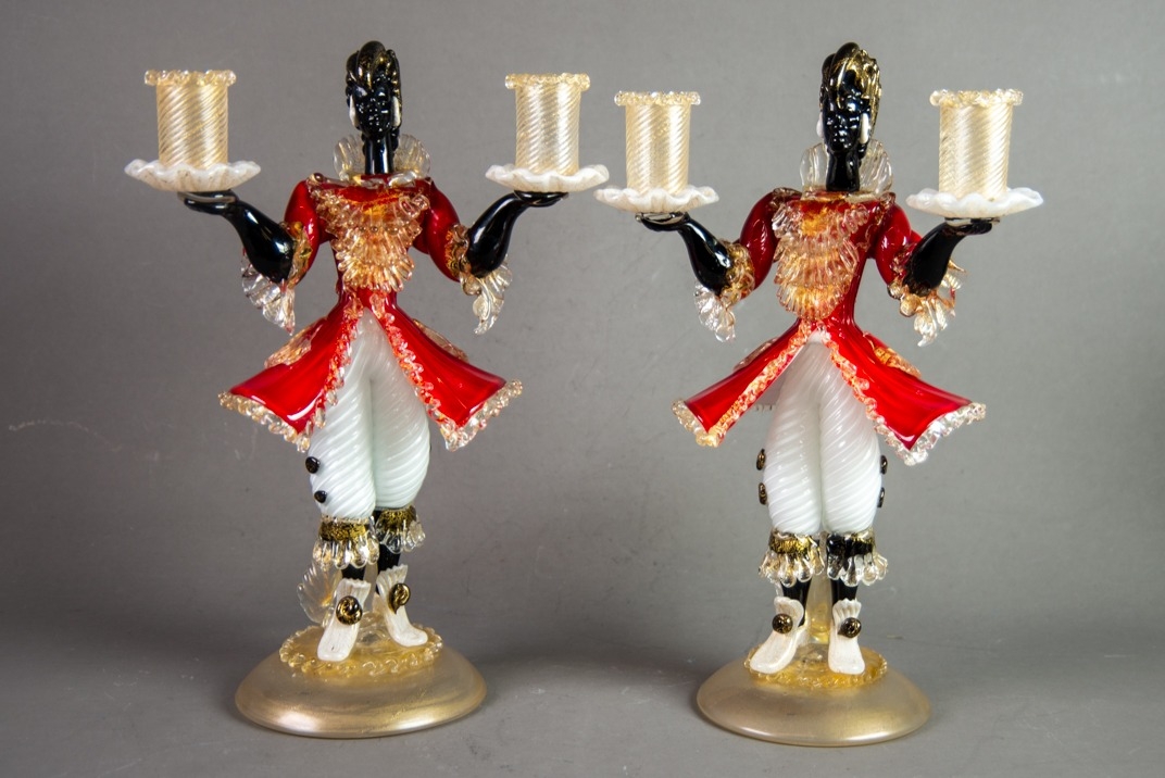 PAIR OF MURANO COLOURED AND AVENTURINE GLASS FEMALE FIGURAL TWIN LIGHT CANDLE HOLDERS, each modelled