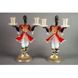 PAIR OF MURANO COLOURED AND AVENTURINE GLASS FEMALE FIGURAL TWIN LIGHT CANDLE HOLDERS, each modelled