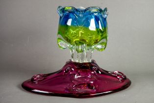 TWO MODERN CZECHOSLAVAKIAN HOT WORKED COLOURED GLASS BOWLS, one of footed form in fading blue and