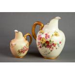 ROYAL WORCESTER BLUSH CHINA JUG, with gilt moulded loop handle, painted with flowers, date code