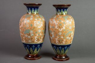 PAIR OF ROYAL DOULTON SLATERS PATENT POTTERY VASES, each of ovoid footed form with flared rim,