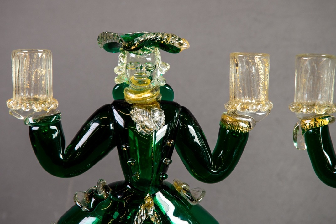 PAIR OF MURANO GREEN AND AVENTURINE GLASS FIGURAL TWIN LIGHT CANDLE HOLDERS, modelled as a lady - Image 2 of 3