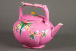 NINETEENTH CENTURY WEDGWOOD AESTHETIC MOVEMENT MOULDED POTTERY TEAPOT, of melon form with overhead