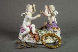 19th CENTURY MEISSEN PORCELAIN GROUP OF TWO CHERUBS, each seated on the rococo embossed white