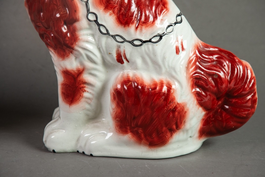 PAIR OF 19th CENTURY STAFFORDSHIRE POTTERY SEATED MANTEL DOGS, red/brown and white with collar and - Image 6 of 6