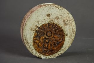 TROIKA, ST. IVES, DISC SHAPED MOULDED POTTERY VASE BY HONOR CURTIS, decorated in muted tones of