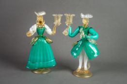 PAIR OF MURANO TURQUOISE, WHITE AND AVENTURINE GLASS FIGURAL CANDLE HOLDERS, modelled as a well