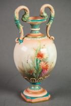 JAMES HADLEY & SONS, WORCESTER PORCELAIN TWO HANDLED PEDESTAL VASE, THE OVOID BODY PAINTED WITH WILD