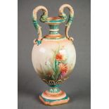 JAMES HADLEY & SONS, WORCESTER PORCELAIN TWO HANDLED PEDESTAL VASE, THE OVOID BODY PAINTED WITH WILD