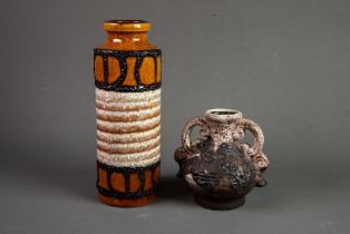 STYLISH WEST GERMAN CYLINDRICAL POTERY VASE, glazed in mottled brown and with fat lava borders,
