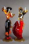PAIR OF MURANO COLOURED AND AVENTURINE GLASS FIGURES OF SPANISH DANCERS, on domed amber bases,