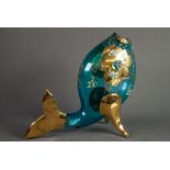 VENETIAN PALE BLUE AND GILT LARGE FISH PATTERN RECEIVER, applied with small ceramic flowers, 11in (